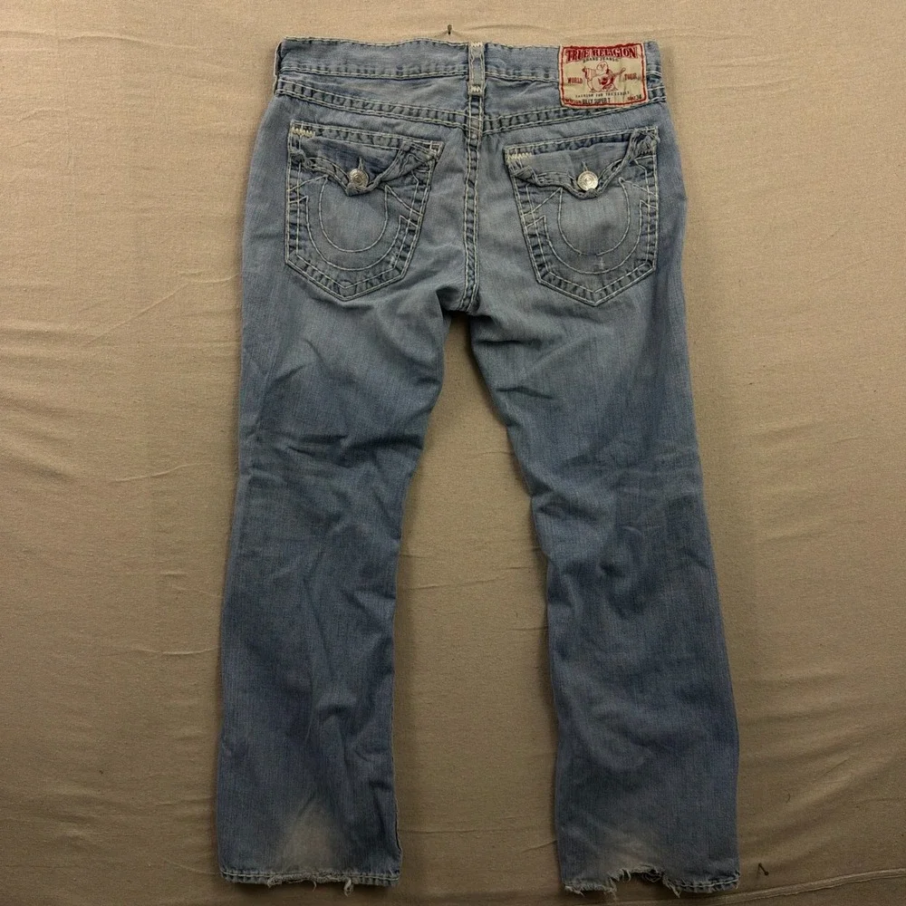 VTG True Religion Billy Super T Jeans 38 Blue Distressed Bootcut Contrast Stitch